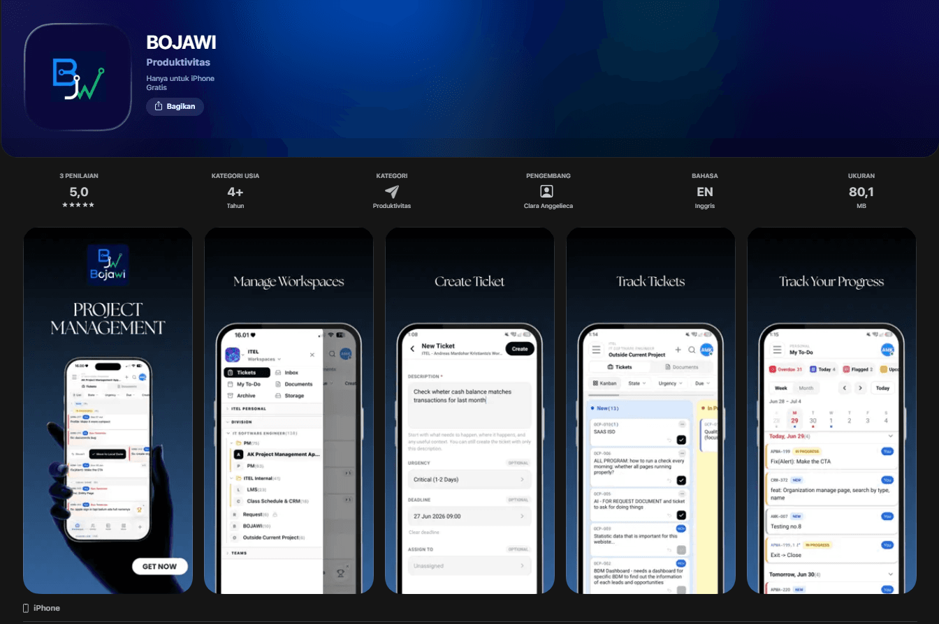 BOJAWI mobile app screens for workspaces, tickets, kanban, and progress