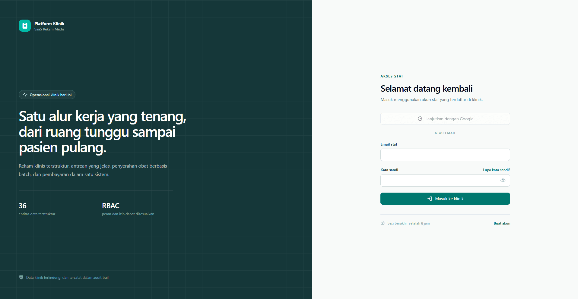 Platform Klinik electronic medical record app staff access screen