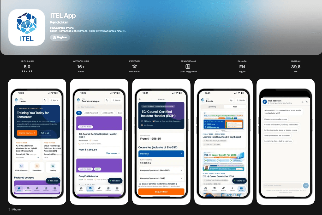ITEL mobile app screens for courses, funding, events, and assistance