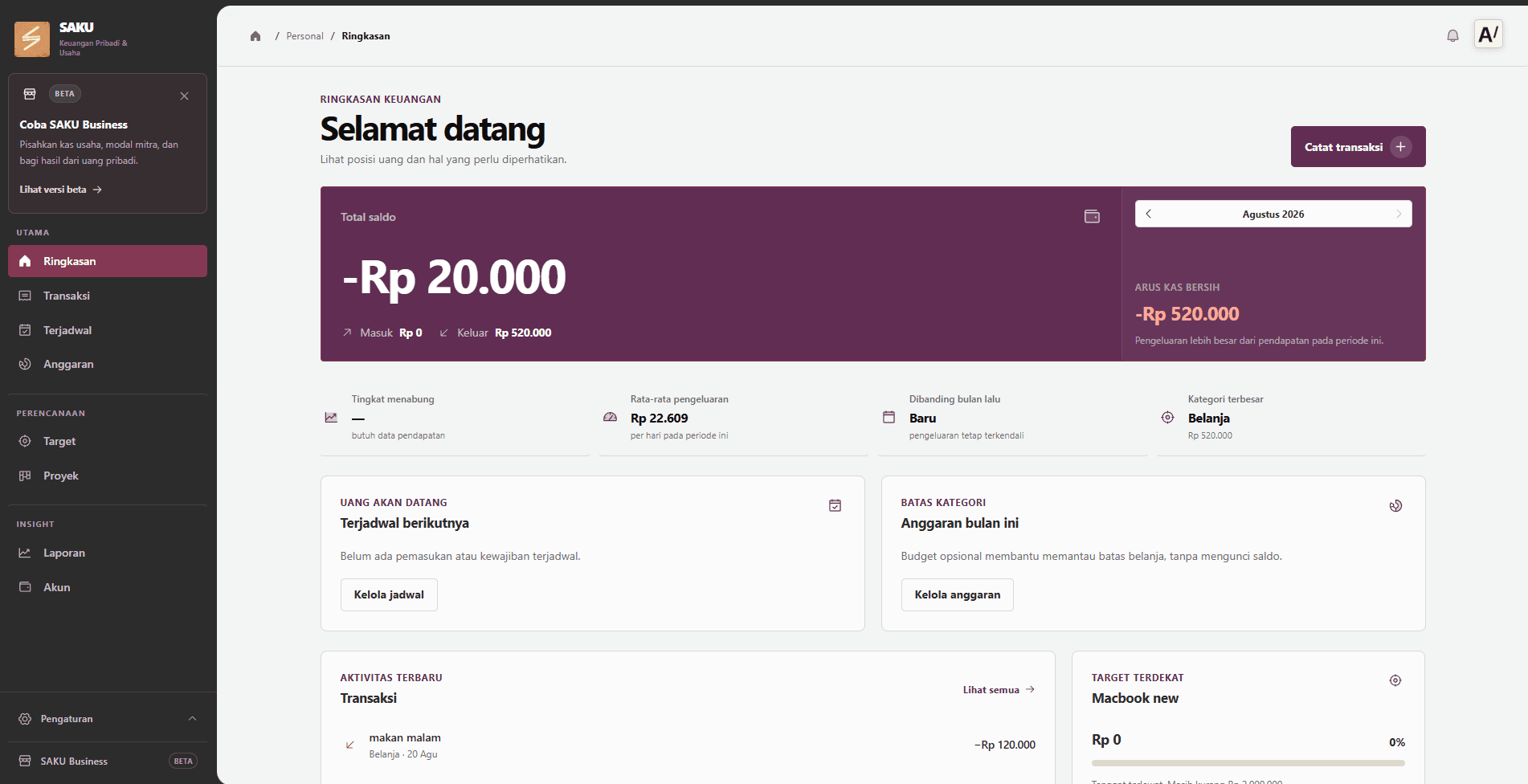 SAKU personal finance dashboard showing balance and planning tools